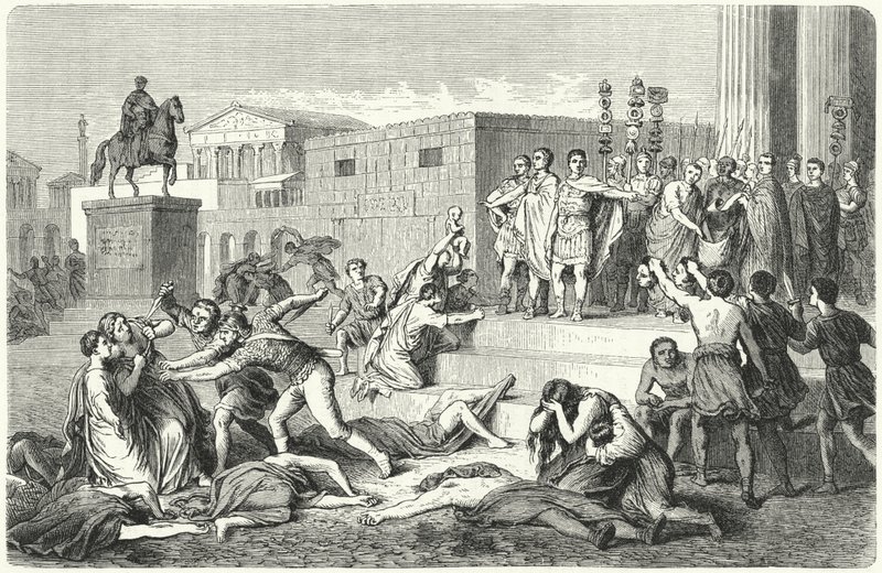 O Triunvirato de Marco Antônio, Marcus Aemilius Lepidus e Otaviano proclamando proscrições contra seus inimigos políticos, 43 aC de Heinrich Leutemann