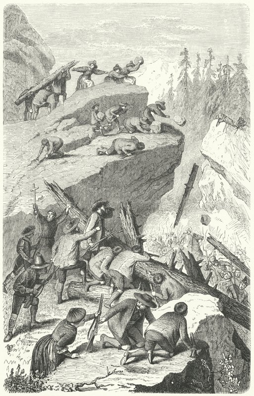 Rebeldes tiroleses lutam contra o exército francês na Batalha da Saxónia de Heinrich Leutemann