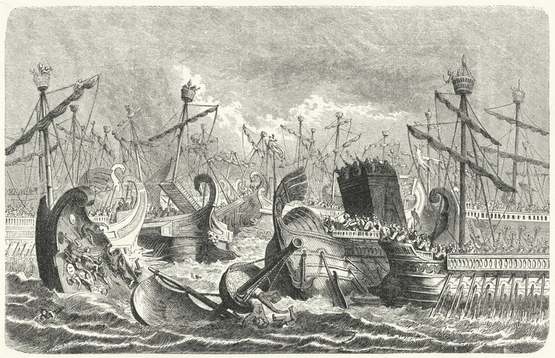 Vitória da frota romana sobre os cartagineses na Batalha dos Aegates, 241 AC (gravura) de Heinrich Leutemann