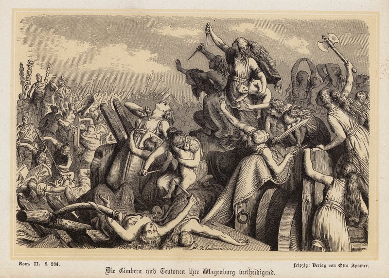 Mulheres dos Cimbri e dos Teutones defendendo o seu comboio de bagagens contra os Romanos (gravura) de Heinrich Leutemann