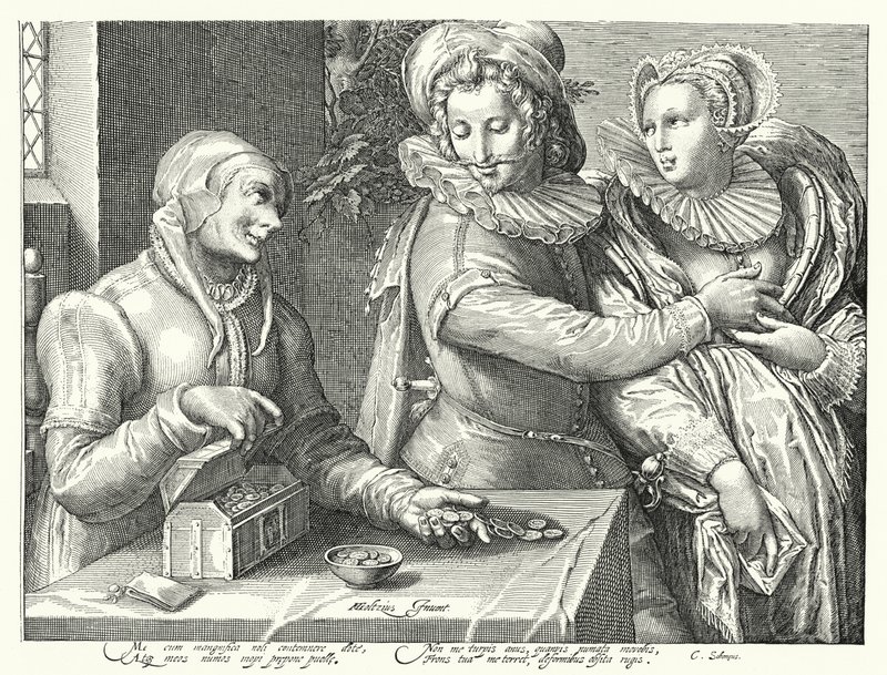 Um jovem que escolhe o amor da beleza em vez da riqueza (gravura) de Hendrik (after) Goltzius