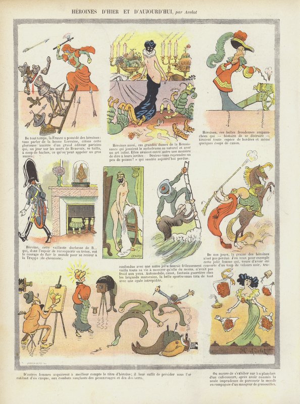 Heroínas do passado e do presente. Ilustração para Le Rire de Henri Avelot