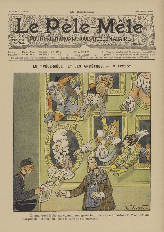 Pele-Mele e os ancestrais. Ilustração para o Pelé-Mele, 1902 de Henri Avelot