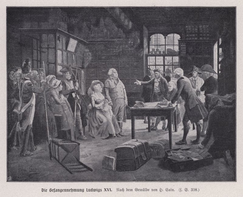 Prisão do Rei Luís XVI de França e da sua família em Varennes enquanto tentava escapar após a Revolução Francesa de Henri Cain