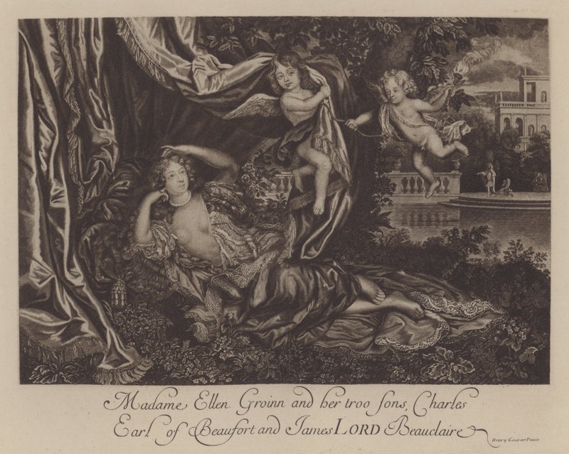 Nell Gwyn e seus dois filhos, Charles, Conde de Burford, e James, Lord Beauclerk (gravura) de Henri Gascar