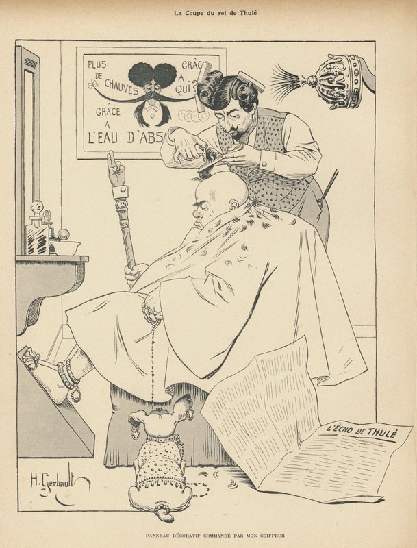 Corte de cabelo do Rei de Thule: um homem no barbeiro (litho) de Henri Gerbault
