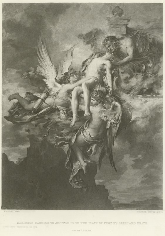 Sarpedon levado para Júpiter da planície de Tróia pelo sono e morte (gravura) de Henri Leopold Levy