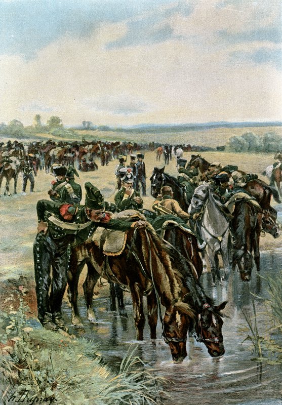Coronel Castex Alimenta os Cavalos antes de uma Carga de Henri Louis Dupray