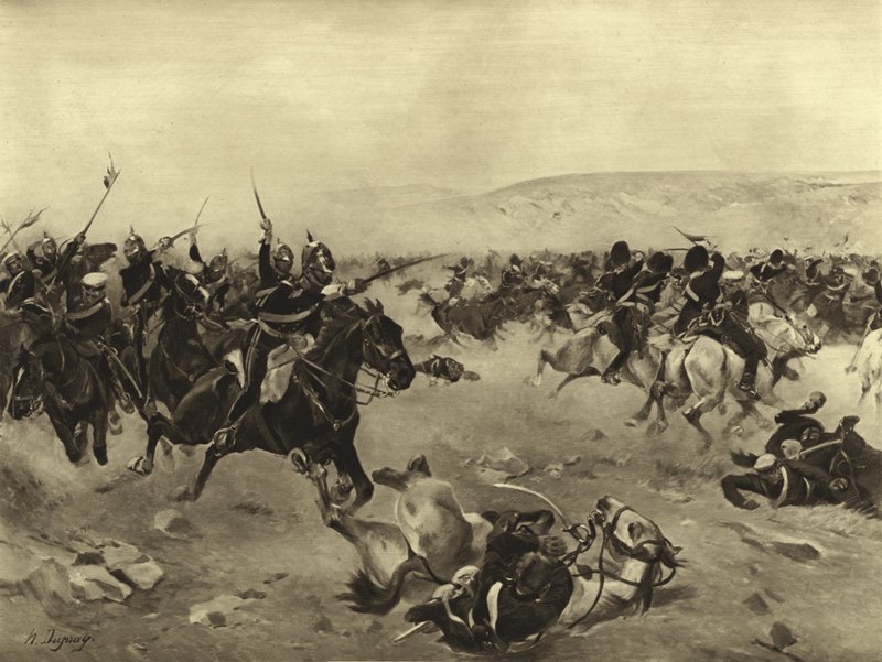 A Carga da Brigada Pesada, Batalha de Balaclava, 1854 (gravura) de Henri Louis Dupray