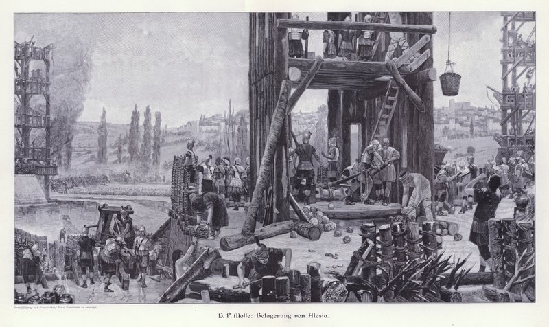 Sítio de Alesia, Gália, 52 AC, Ilustração de Moderne Kunst em Meister-Holzschnitten (Richard Bong, Berlim, c. 1904 (gravura) de Henri Paul (after) Motte