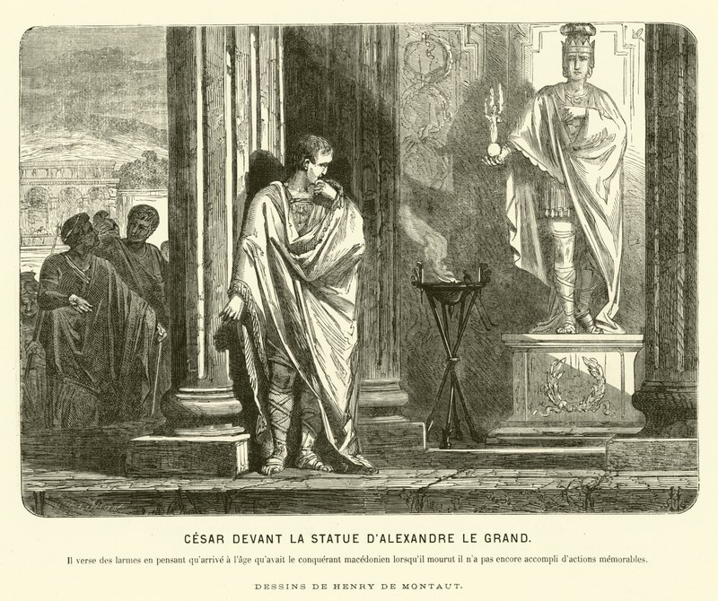 Júlio César perante uma estátua de Alexandre o Grande em Espanha, lamentando a escala dos seus feitos em comparação com os de Alexandre que atingiram a mesma idade da sua morte, c67 a.C. (gravura) de Henri de (after) Montaut