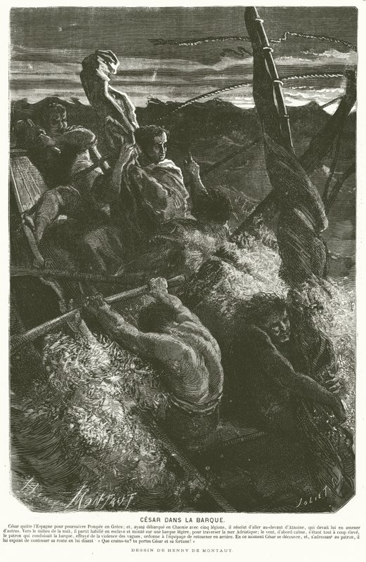 Júlio César, disfarçado de escravo, revelando a sua identidade à tripulação de um barco apanhado numa tempestade ao atravessar o Mar Adriático, 48 a.C. (gravura) de Henri de (after) Montaut