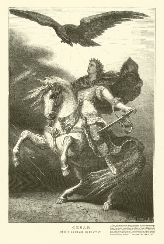 Júlio César a cavalo com uma águia imperial acima dele (gravura) de Henri de (after) Montaut