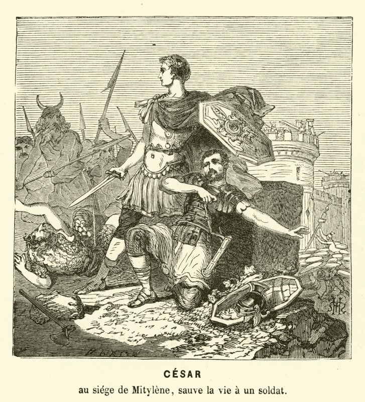 Júlio César salvando a vida de um soldado no Cerco de Mitylene, Lesbos, Grécia, 81 AC (gravura) de Henri de (after) Montaut