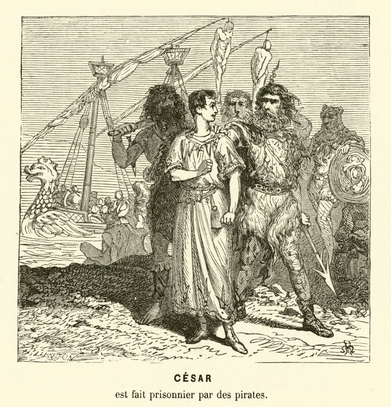 Júlio César feito prisioneiro por piratas cílices ao atravessar o Mar Egeu, c75 a.C. (gravura) de Henri de (after) Montaut