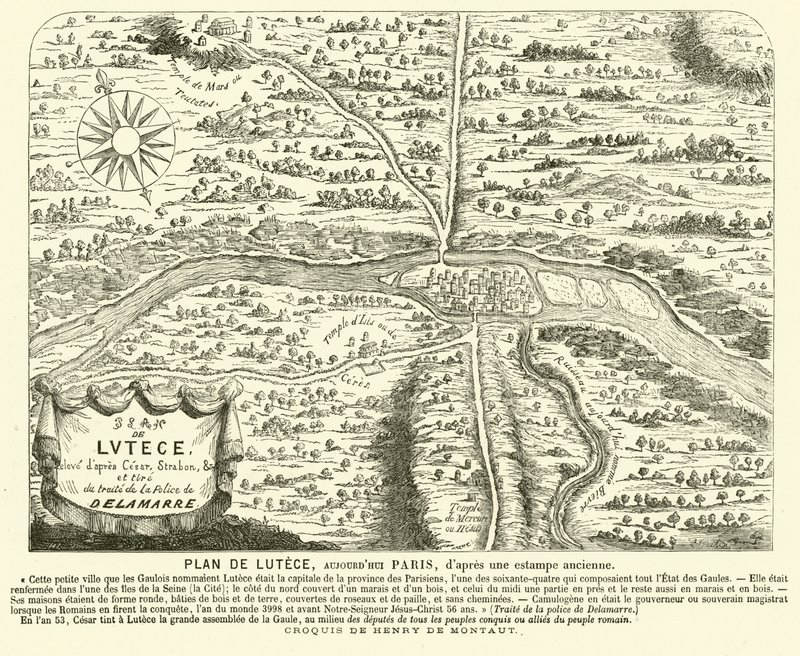 Plano da cidade romana de Lutécia, local da Paris moderna (gravura) de Henri de (after) Montaut