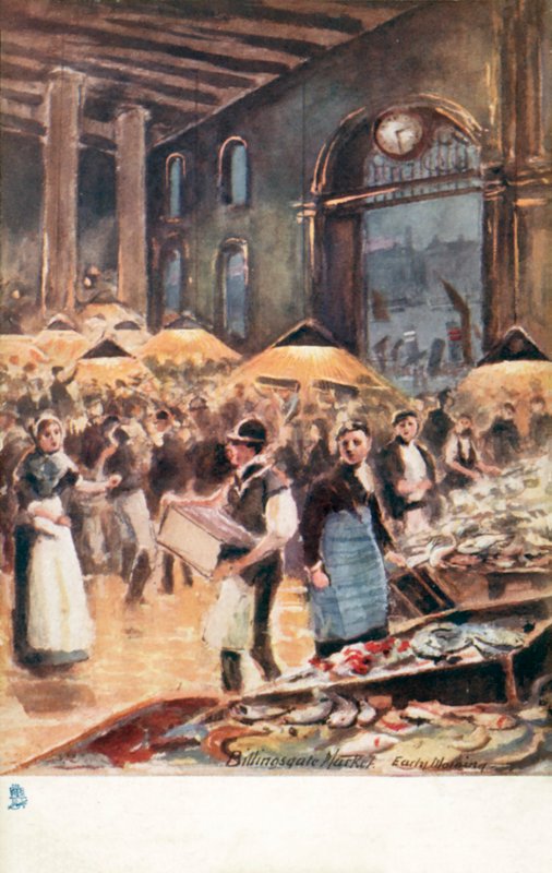 Londres antiga: Billingsgate Market, de manhã cedo (litografia a cores) de Henrie Pitcher