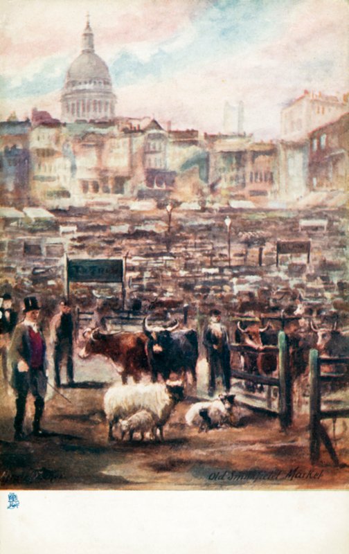Londres antiga: Antigo mercado de Smithfield (litografia a cores) de Henrie Pitcher