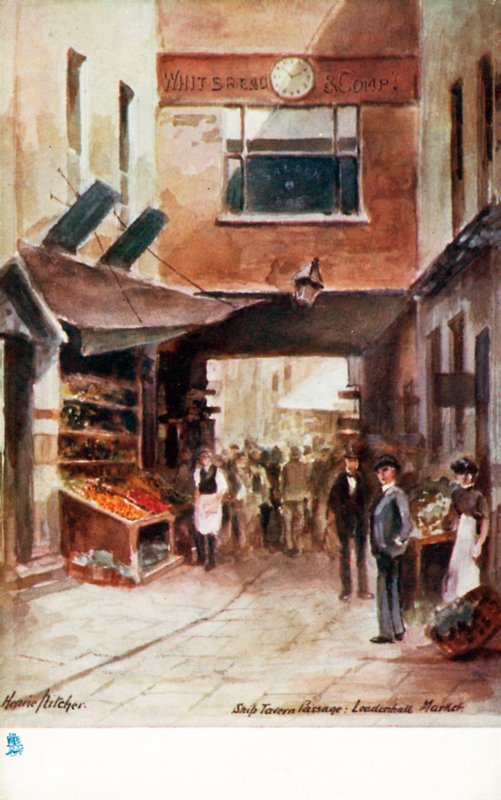 Londres antiga: Ship Tavern Passage, Leadenhall Market (litografia a cores) de Henrie Pitcher