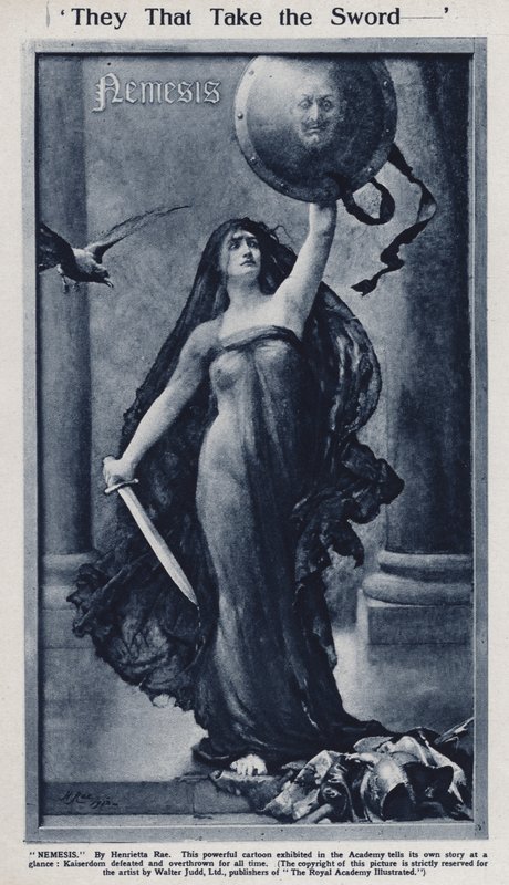 Némesis, desenho animado sobre a derrota do Kaiser Wilhelm II e da Alemanha na Primeira Guerra Mundial exibido na Academia Real (litho) de Henrietta (after) Rae