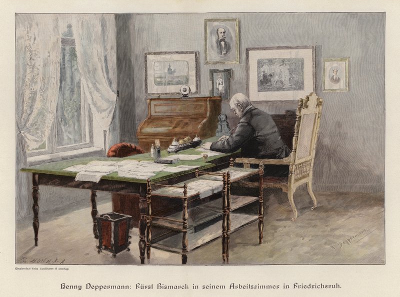 Otto von Bismarck no seu estudo em Friedrichsruh, Alemanha (gravura a cores) de Henriette Deppermann
