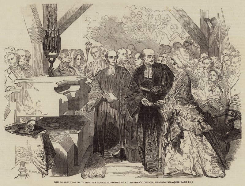 Senhorita Burdett Coutts que coloca a pedra da fundação de St Stephen, igreja, Westminster de Henry Anelay