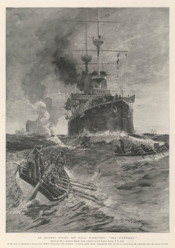 Um incidente durante as manobras navais, o homem ao mar! de Henry Charles Seppings Wright