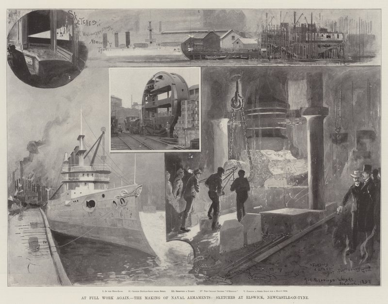 No trabalho completo novamente, a fabricação de armamentos navais, esboços em Elswick, Newcastle-on-Tyne de Henry Charles Seppings Wright