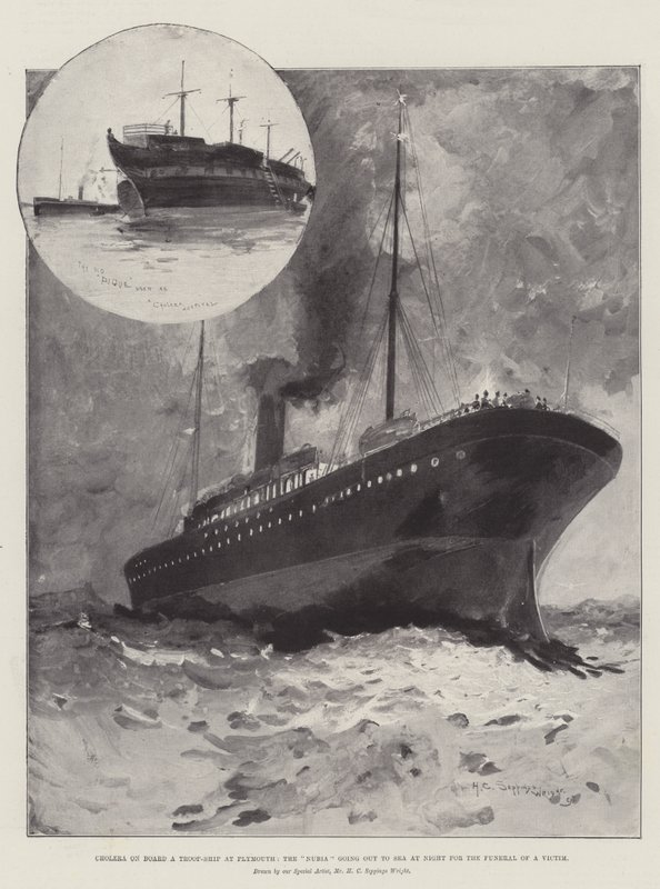 Cólera a bordo de um navio de tropa em Plymouth, a Núbia saindo para o mar à noite para o funeral de uma vítima de Henry Charles Seppings Wright