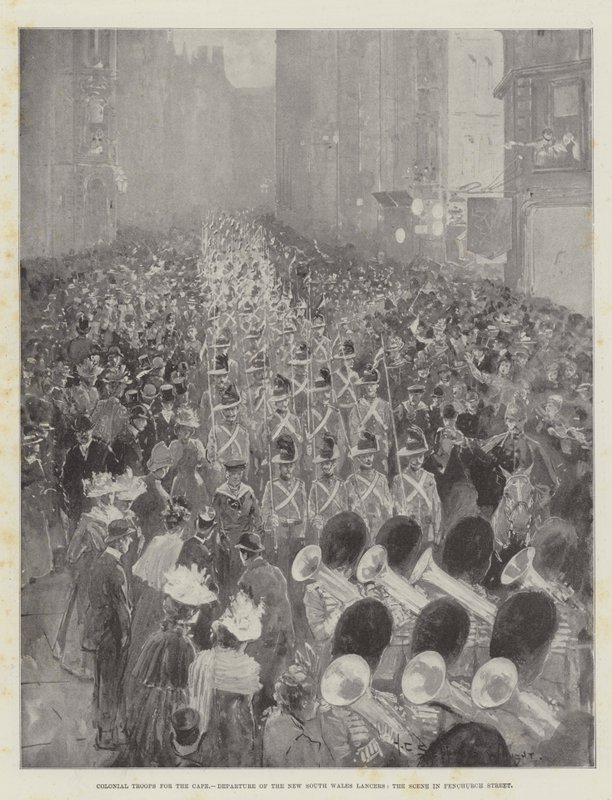 Tropas coloniais para o cabo, partida dos lanceiros de Nova Gales do Sul, a cena na rua de Fenchurch de Henry Charles Seppings Wright