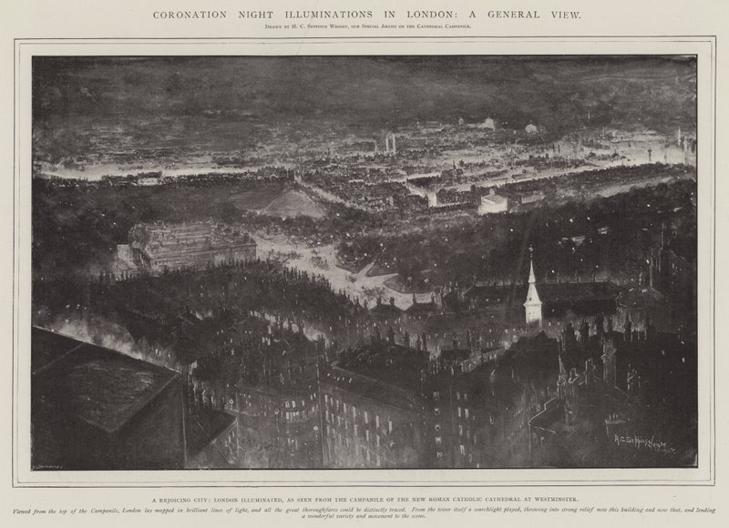 Iluminações da noite da coroação em Londres, uma vista geral, uma cidade de júbilo, Londres iluminada, como visto do Campanile da catedral católica romana nova em Westminster de Henry Charles Seppings Wright