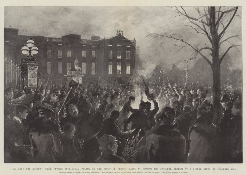 Deus salve a rainha! Cena, exterior, palácio buckingham, ligado, a, noturna, de, sexta-feira, 9 março, cantando, a, hino nacional, em, um, sinal, dado, por, colorido, fogo de Henry Charles Seppings Wright