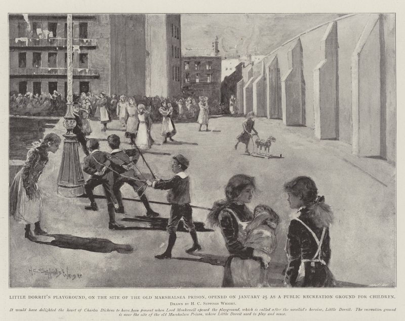 O parque infantil de Little Dorrit, no local da antiga prisão de Marshalsea, foi inaugurado em 25 de janeiro como um local público de recreação para crianças. de Henry Charles Seppings Wright