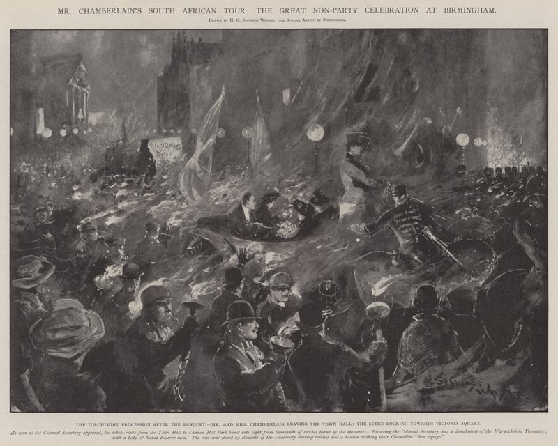 Turnê Sul-Africana de Chamberlain, a Grande Celebração Não-Partidária em Birmingham de Henry Charles Seppings Wright