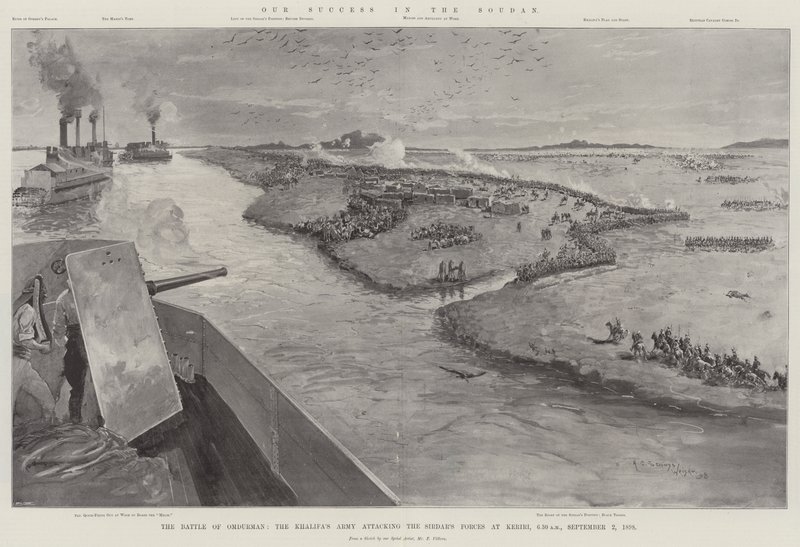 Nosso Sucesso no Sudão, a Batalha de Omdurman, o Exército do Califa atacando as Forças de Sirdar em Keriri, 6h30, 2 de setembro de 1898 de Henry Charles Seppings Wright