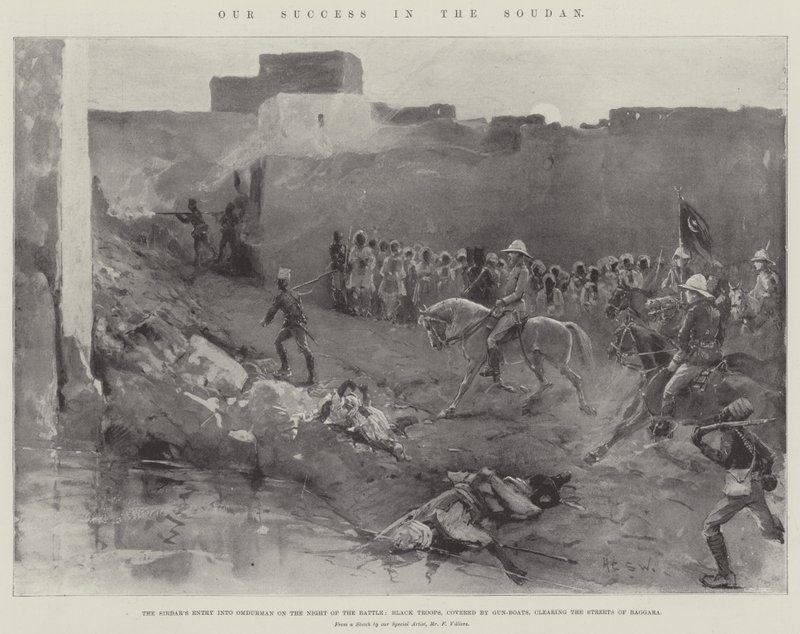 Nosso Sucesso no Sudão, a Entrada do Sirdar em Omdurman na Noite da Batalha, Tropas Negras, cobertas por Barcos a Arma, limpando as Ruas de Baggara de Henry Charles Seppings Wright