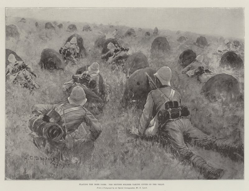 Jogando o jogo de Boer, o soldado britânico tomando cobertura sobre o Veldt de Henry Charles Seppings Wright