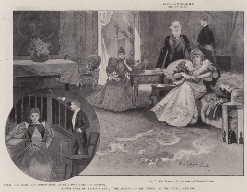 Cenas do jogo do Sr. Pinero, O benefício da dúvida, no teatro de comédia de Henry Charles Seppings Wright