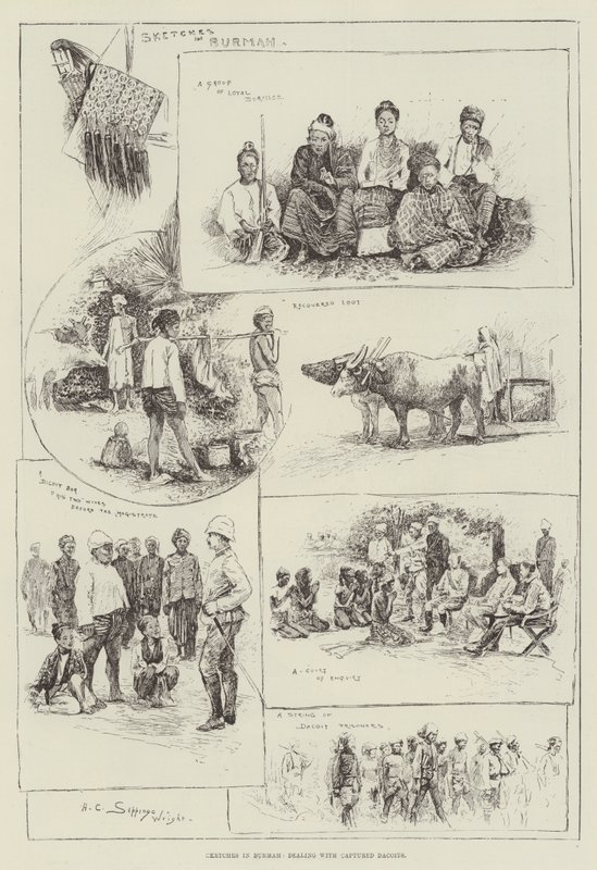 Esboços em Burmah, lidando com Dacoits Capturados de Henry Charles Seppings Wright