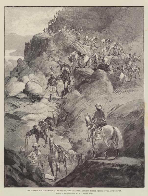 O avanço em direção a Dongola, na estrada para Akasheh, escolta de cavalaria que cruza o desfiladeiro de Sonki de Henry Charles Seppings Wright
