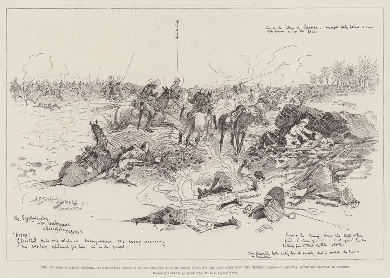 O avanço para Dongola, a cavalaria egípcia sob o coronel Burn-Murdoch perseguindo os dervixes no bairro de Suarda após a batalha de Ferket de Henry Charles Seppings Wright