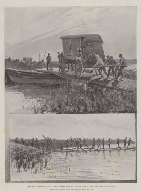 As Forças Aliadas na China, a construção de uma ponte sobre um riacho perto do rio Pei-ho de Henry Charles Seppings Wright