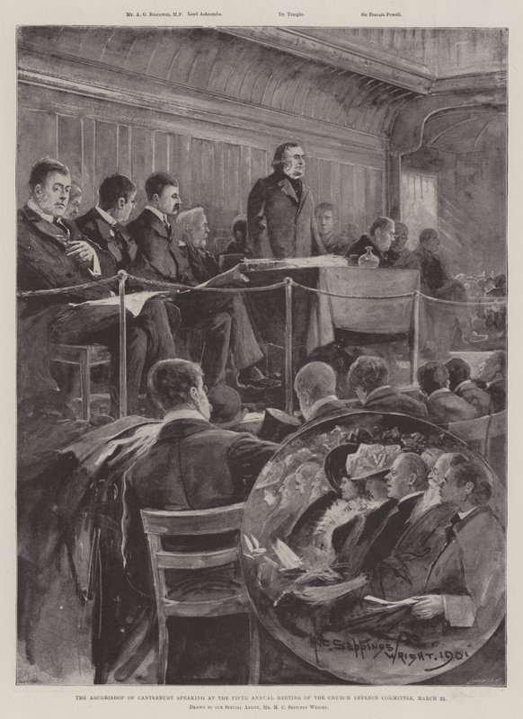 O Arcebispo de Canterbury falando na Quinta Reunião Anual do Comitê de Defesa da Igreja, 22 de março de Henry Charles Seppings Wright