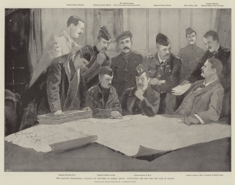 Expedição Ashanti, Conselho de Oficiais da Serra Leoa, consultando o Mapa da Linha de Março de Henry Charles Seppings Wright