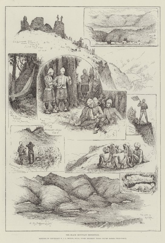 A gravura da expedição da montanha preta de Henry Charles Seppings Wright