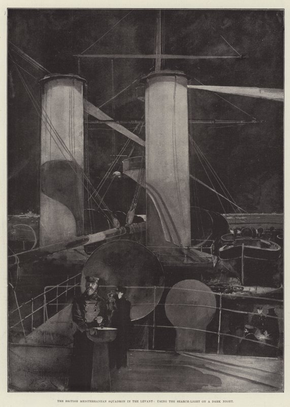 O esquadrão mediterrâneo britânico no Levante, usando o Search-Light em uma noite escura de Henry Charles Seppings Wright