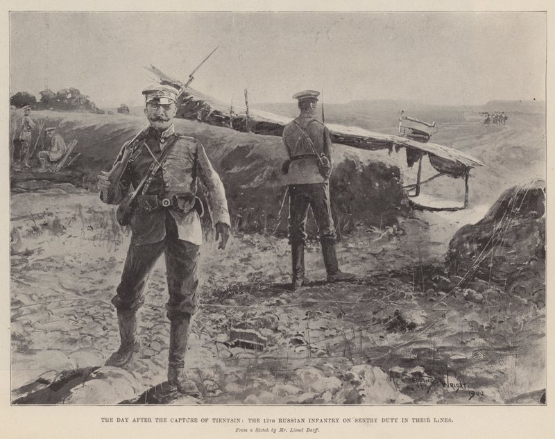 O dia após a captura de Tientsin, a 12ª infantaria russa em serviço de sentinela em suas linhas de Henry Charles Seppings Wright