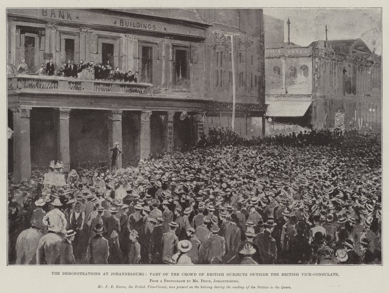 As manifestações em Joanesburgo, parte da multidão de súditos britânicos fora do vice-consulado britânico de Henry Charles Seppings Wright