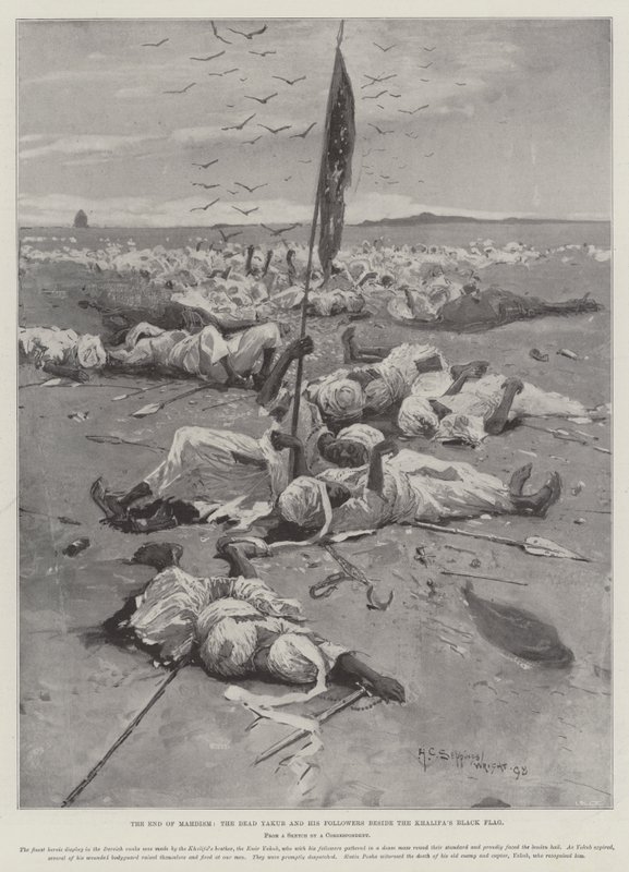 O fim do mahdismo, o morto Yakub e seus seguidores ao lado da bandeira negra do califa de Henry Charles Seppings Wright