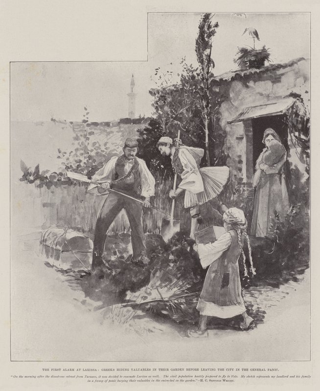 O primeiro alarme em Larissa, gregos escondendo objetos de valor em seu jardim antes de deixar a cidade no General Panic de Henry Charles Seppings Wright